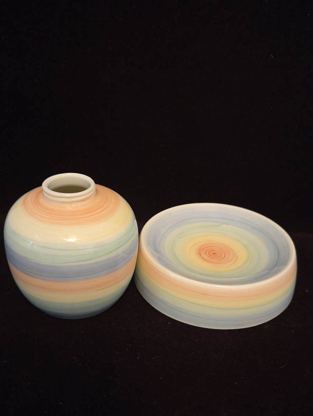 Vtg Andre Richard Sonnet Pastel Striped Bud Vase & Trinket Soap Dish Set Japan